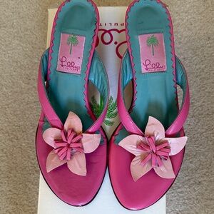 Lilly Pulitzer Pink Floral Leather Slide Mules with Teal Insole